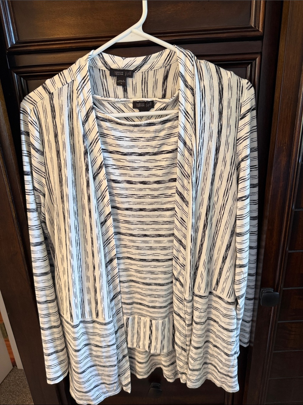 J. Jill White and Black Striped Open-Front Cardigan and shell sweater set